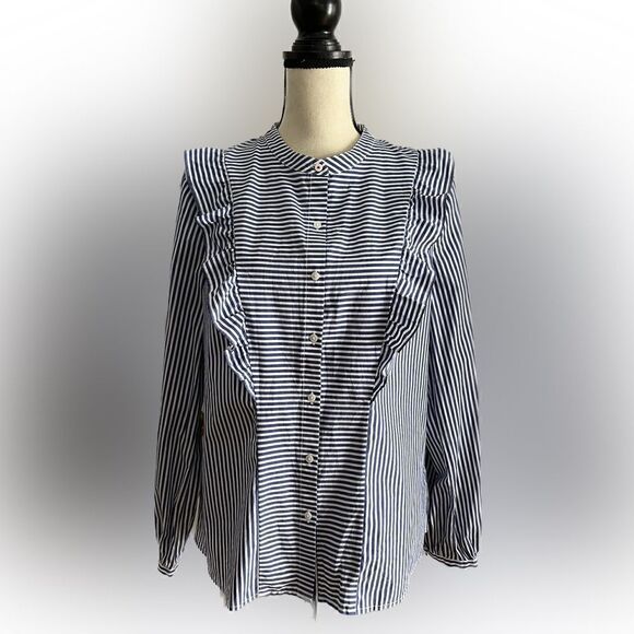Tommy Hilfiger Cotton Ruffled Stripe Button Down Shirt - Picture 1 of 7